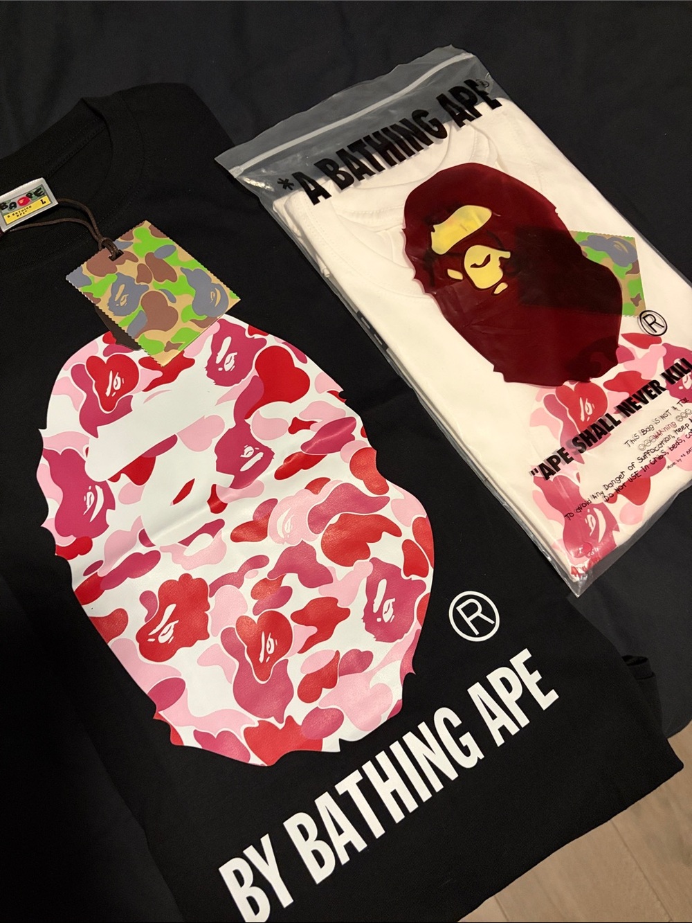 2 A bathing Ape white/Black T-Shirt with Pink Camo Ape Graphic L